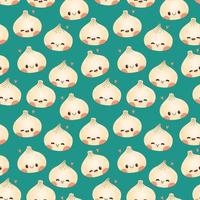 Dumpling and gyoza seamless pattern vector drawing. Traditional Japanese dumplings with funny smiling faces.