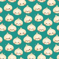 Dumpling and gyoza seamless pattern vector drawing. Traditional Japanese dumplings with funny smiling faces.