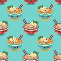 ramen sopa de fideos de patrones sin fisuras en el tazón con camarones y vector de diseño de ilustración de pollo. ilustración vectorial