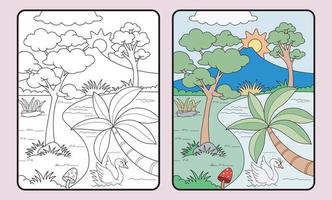 learn coloring for kids and elementary school. Coconuts, trees, mountains and others. vector