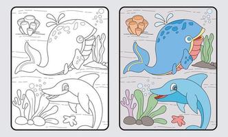 aprender a colorear para niños y escuela primaria. ballenas, delfines, estrellas de mar. vector