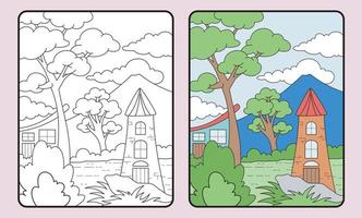 learn coloring for kids and elementary school. Tower, house, mountain and etc. vector