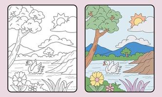 aprender a colorear para niños y escuela primaria. cisnes, lagos, montañas y otros. vector
