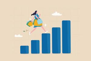 Customer lifetime value, calculation or key metric to analyze cost to acquire new customer, advertising or marketing cost concept, young customer woman with shopping bags walk on CLV graph and chart. vector