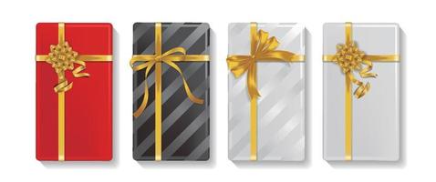 Set of realistic rectangular gifts tied with golden ribbons vector