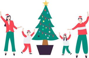 ilustración de una familia celebrando la navidad decorando un árbol de navidad vector