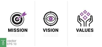 Mission. Vision. Values. Web page template. Modern flat design concept. Goal, strategy, target, eye, view, business, line symbol. Vector illustration isolated on white background. EPS 10.