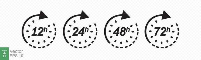 Hour icon set. 12, 24, 48 and 72 hours clock arrow. Fast delivery, timer with circle arrow. Vector work time effect or delivery service time icons. EPS 10.