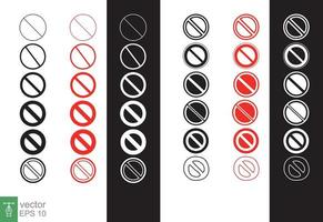Prohibit icon set. Simple flat style. Anti sign, forbid symbol, red caution, restriction concept. Outline, thin line, solid, glyph design collection. Vector illustration isolated. EPS 10.