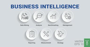 Business Intelligence banner web icon for business plan, data mining, analysis, Strategy, measurement, benchmarking, report and management. Minimal vector infographic. EPS 10.