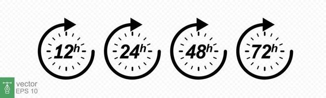 Hour icon set. 12, 24, 48 and 72 hours clock arrow. Fast delivery, timer with circle arrow. Vector work time effect or delivery service time icons. EPS 10.