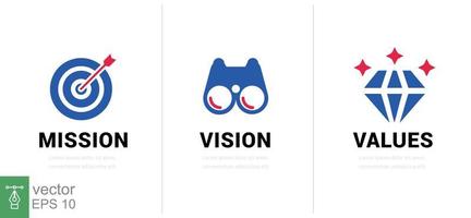 Mission. Vision. Values. Web page template. Modern flat design concept. Goal, strategy, target, eye, view, business, line symbol. Vector illustration isolated on white background. EPS 10.