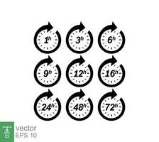 Hour icon set. Clock arrow 1, 3, 6, 9, 12, 16, 24, 48, 72 hours. Set of delivery service time symbol sign. Vector illustration isolated on white background. EPS 10.