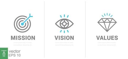 Mission. Vision. Values. Web page template. Modern flat design concept. Goal, strategy, target, eye, view, business, line symbol. Vector illustration isolated on white background. EPS 10.