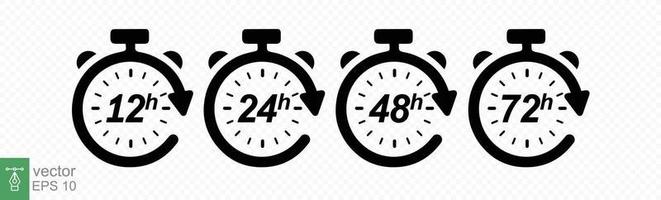 Hour icon set. 12, 24, 48 and 72 hours clock arrow. Fast delivery, timer with circle arrow. Vector work time effect or delivery service time icons. EPS 10.