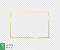 Golden border frame with light shadow and light affects. Gold decoration in minimal style. Graphic metal foil element in geometric thin line rectangle shape. Vector illustration EPS 10.