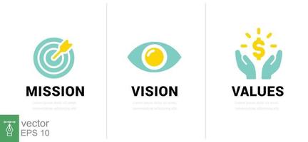 Mission. Vision. Values. Web page template. Modern flat design concept. Goal, strategy, target, eye, view, business, line symbol. Vector illustration isolated on white background. EPS 10.