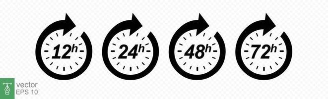 Hour icon set. 12, 24, 48 and 72 hours clock arrow. Fast delivery, timer with circle arrow. Vector work time effect or delivery service time icons. EPS 10.