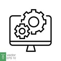 Web development icon. Simple outline style. Monitor, computer screen with gears. Maintenance and web setting. Thin line vector illustration isolated on white background. EPS 10.