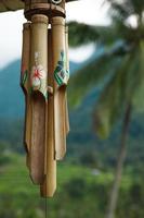 Close up of wooden wind chime outside photo