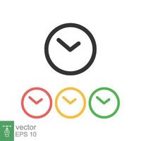 Clock icon. Simple flat style. Circle wall clock face, day, night, black, red, yellow, green color, business concept. Vector illustration isolated on white background. EPS 10.