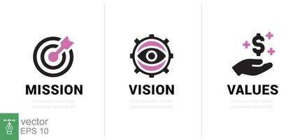 Mission. Vision. Values. Web page template. Modern flat design concept. Goal, strategy, target, eye, view, business, line symbol. Vector illustration isolated on white background. EPS 10.