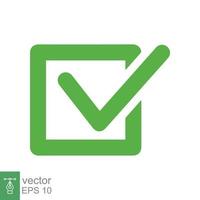 Green check mark icon. Simple flat style. Tick sign, checklist, right symbol, correct, ok, checkmark, agree, approved concept. Vector illustration isolated on white background. EPS 10.