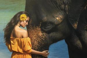 Woman in beautiful orange dress and mighty elephant photo