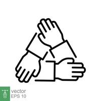 Teamwork icon. Simple outline style. three hands support each other, work together, group, partnership concept. Thin line vector illustration isolated on white background. EPS 10.