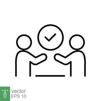 Employee assessment icon. Oral survey, two people Interviewing with check mark. Recruiter with employee. Thin line illustration vector isolated on white background. EPS 10.