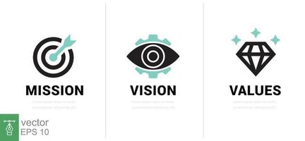 Mission. Vision. Values. Web page template. Modern flat design concept. Goal, strategy, target, eye, view, business, line symbol. Vector illustration isolated on white background. EPS 10.