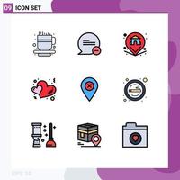 9 Universal Filledline Flat Color Signs Symbols of navigation location pin romance hearts Editable Vector Design Elements