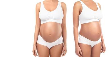 Pregnant woman wearing lingerie on white background photo