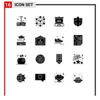 Group of 16 Solid Glyphs Signs and Symbols for education key traning shield protection Editable Vector Design Elements