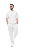 Handsome man wearing white clothes with a blank space for design on white background photo