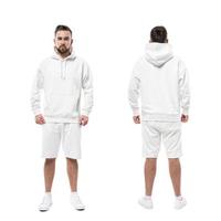 Handsome man wearing blank white hoodie and shorts on white background photo