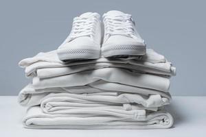 Stack of white clothes and stylish trainers photo