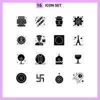 Universal Icon Symbols Group of 16 Modern Solid Glyphs of user audience drink research flask Editable Vector Design Elements