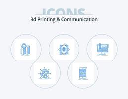 Paquete de 5 iconos azules de impresión y comunicación en 3D Diseño de iconos. formación. núcleo. producto. resumen. navegación vector