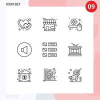 Pictogram Set of 9 Simple Outlines of list design feeding volume sound Editable Vector Design Elements