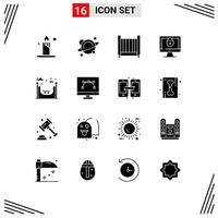 Pictogram Set of 16 Simple Solid Glyphs of skate city bed security internet Editable Vector Design Elements