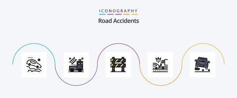 la línea de accidentes de tráfico llenó el paquete de iconos planos 5, incluido el adelantamiento. chocar. barrera. coche. en construcción vector