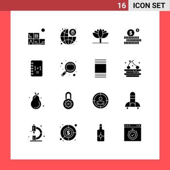 Pack of 16 creative Solid Glyphs of knowledge notepad spring flower notebook money Editable Vector Design Elements