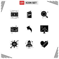 Pack of 9 creative Solid Glyphs of altering image up research left cassette tape Editable Vector Design Elements