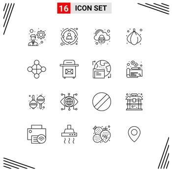 User Interface Pack of 16 Basic Outlines of topology hierarchy security vegetable food Editable Vector Design Elements