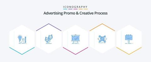 promoción publicitaria y proceso creativo 25 paquete de iconos azules que incluye diseñador. estadísticas paquete. grafico. gráfico vector