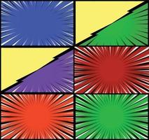 Comic book colorful frames background with halftone rays radial and dotted effects pop art style vector