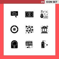 Group of 9 Solid Glyphs Signs and Symbols for business live money broadcasting music news Editable Vector Design Elements