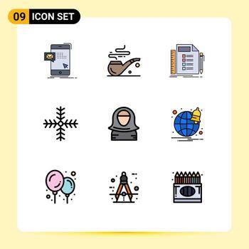 paquete de línea de vector editable de 9 colores planos de línea de llenado simple de elementos de diseño de vector editable de tarea de vacaciones de negocio de copo de nieve árabe