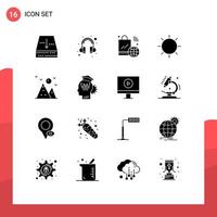 Group of 16 Solid Glyphs Signs and Symbols for hiking light internet layout design Editable Vector Design Elements